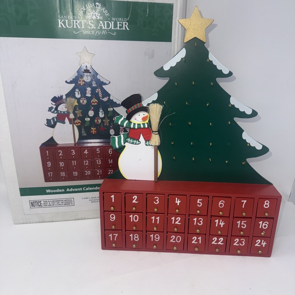 Kurt Adler Wooden Snowman Tree Advent Calendar 24 Ornaments Christmas READ
